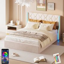 Polsterbett mit Stauraum 160x200cm, mit LED-Beleuchtung, hydraulischem Stauraum, Lattenrost, modernem Stil, Samtstoff, Doppelbett - Beige