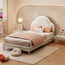 Okwish - Polsterbett mit wolkenförmigem Kopfteil, mit wechselnden mehrfarbigen LED-Streifen, Kinderbett mit Holzlatten, Einzelbett, Samt, Beige,