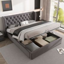 Polsterbett Ohrenform Samtstoff Große Knopfnähte Doppelbett , Hydraulisches Funktionsbett Mit Lattenrost Und Stauraum, Bettunterseite Ist Mit Einem 