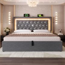 Polsterbett Samt Grau 140x200 Cm Mit Matratze, Led-kopfteil, Usb/type-c Und Hydraulischem Stauraum