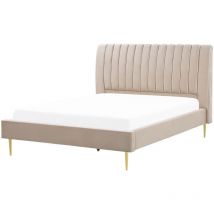 Polsterbett Sandbeige 180 x 200 cm Samtstoff Mit Lattenrost Hohes Kopfteil Dekorativ Elegant Modern Doppelbett