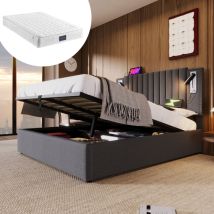 Polsterbett 140x200, Doppelbett, Stauraum, Bettkasten, Leselampe mit USB-Ladefunktion, Kopfteil, Rückenlehne mit Nietenmuster, Bett mit Lattenrost