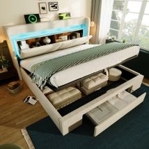 Polsterbett Stauraumbett 140x200 Cm Mit Stauraum Und Led-kopfteil Mit Usb- Und Type-c-anschlüssen, Aus Leinen, Beige, Ohne Matratze