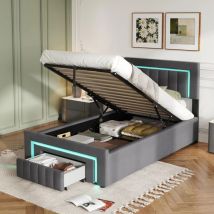 Polsterbett Stauraumbett 90x200 Cm - Bettrahmen, Mit Led-beleuchtung, Schubladen Und Rollen, Stauraum, In Grau, Ohne Matratze