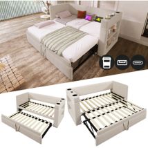 Polstertes Daybett, Einzelbett Schlafsofa Mit Ausziehbett, Armlehnen Mit Usb- & Type-c-ladeanschluss Und Getränkehalter, Leinen-mischgewebe, Ohne 