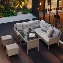Poly Rattan ensemble de Salon de jardin de canapés, table à manger , pour 7 personnes, housse de tissu amovible et lavable, kaki