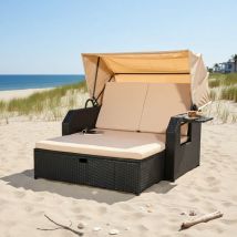 Polyrattan Bett in schwarz inkl. Sonnendach Rattan Sofa Gartenliege Strandkorb
