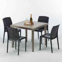 Polyrattan Tisch Quadratisch mit 4 Bunten Stühlen 90x90 Beige Elegance
