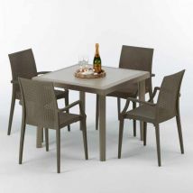 Grand Soleil - Polyrattan Tisch Quadratisch mit 4 Bunten Stühlen 90x90 Beige Elegance