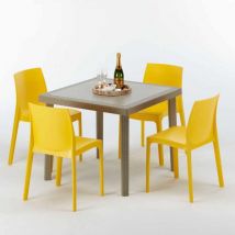 Polyrattan Tisch Quadratisch mit 4 Bunten Stühlen 90x90 Beige Elegance