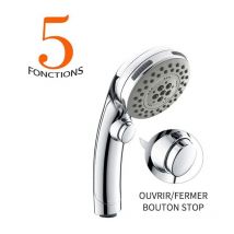 Yozhiqu - Pommeau de Douche Chromé avec Bouton Stop Douchette à Main 5 Jets au Choix Pomme de Douche Picots Anticalaire Type Universel