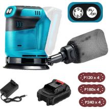 Ponceuse orbitale électrique sans fil 125 mm, sans balais, 6 vitesses, sac à poussière à fixation rapide et 12 disques, avec 1 batterie et chargeur