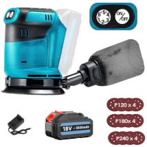 Ponceuse orbitale électrique sans fil 125 mm, sans balais, 6 vitesses, sac à poussière à fixation rapide et 12 disques, avec 1 batterie et chargeur