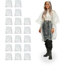 Ponchos de pluie jetables, lot de 20, avec capuche et ouverture pour les bras, unisexe, transparent - Relaxdays