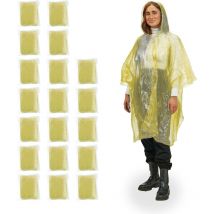 Relaxdays Ponchos de pluie jetables, lot de 20, avec capuche et ouverture pour les bras, unisexe, jaune