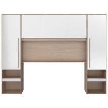 Vente-unique - Pont de lit avec rangements - Avec LEDs - L265 cm - Coloris : Blanc brillant et naturel - velona