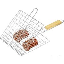 Portable Griller Panier Griller, Pliables Grilles de Poisson Barbecue, Grille de Barbecue Pliable avec Manche en Bois, Panier Grille pour Barbecue,