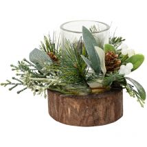 Portacandele moderno con pines brillantes de eucalipto para interiores 14 x 14 x 10 cm