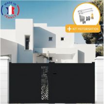 Portail aluminium battant découpe laser en kit + Motorisation dimensions L.3000 (entre piliers) x H.1500 mm sgs Essential (vérins) Couleurs Noir (ral