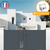 Portail aluminium battant découpe laser en kit + Motorisation dimensions L.4000 (entre piliers) x H.1500 mm sgs Essential (vérins) Couleurs Gris (ral