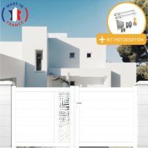 Portail aluminium battant découpe laser en kit + Motorisation dimensions L.4000 (entre piliers) x H.1500 mm sgs Essential (vérins) Couleurs Blanc