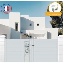 Portail aluminium battant découpe laser en kit + Motorisation dimensions L.3500 (entre piliers) x H.1500 mm sgs Essential (vérins) Couleurs Gris