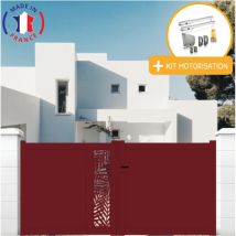 Portail Aluminium Battant Découpe Laser En Kit + Motorisation Dimensions L.3500 (entre Piliers) X H.1500 Mm Sgs Essential (vérins) Couleurs Rouge (ral