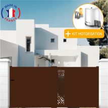 Portail aluminium coulissant découpe laser en kit + Motorisation dimensions L.4000 (entre piliers) x H.1500 mm Couleurs Marron (ral 1247)