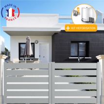 Portail aluminium coulissant sah en kit + Motorisation dimensions L.3500 (entre piliers) x H.1500 mm Couleurs Gris clair (ral 7035)
