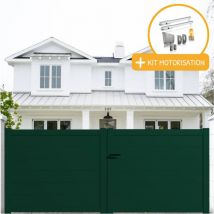 Portail aluminium battant plein en kit + Motorisation dimensions L.3500 (entre piliers) x H.1500 mm sgs Essential (vérins) Couleurs Vert (ral 6005)