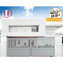 Portail aluminium battant semi-ajouré en kit + Motorisation dimensions L.3500 (entre piliers) x H.1300 mm lockyvia (à bras) Couleurs Gris clair (ral