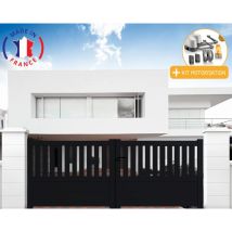 Packit - Portail Aluminium Battant Semi-ajouré En Kit + Motorisation Dimensions L.4000 (entre Piliers) X H.1300 Mm Lockyvia (à Bras) Couleurs Noir (
