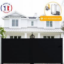 Portail aluminium coulissant plein en kit + Motorisation dimensions L.3500 (entre piliers) x H.1500 mm Couleurs Noir (ral 9005)