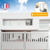 Portail aluminium coulissant semi-ajouré en kit + Motorisation dimension L.4000 (entre piliers) x H.1300 mm Couleurs Blanc (ral 9010)