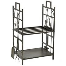 Portalegna in ferro battuto con attrezzi per camino e manici. base porta legna rialzata e decori. 51.5X33X77CM - nero