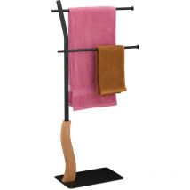 Piantana Portasciugamani, Autoportante, 2 Bracci, Acciaio e mdf, Appendi Asciugamani in Bagno, Nero Marrone - Relaxdays