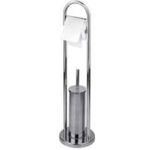 Portascopino Wc Con Porta Rotolo In Acciaio Inox - Base Ø Cm.22 - Altezza Totale Cm.82