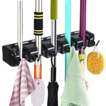 Porte Balai Mural Multifonctions,Support Cintre de Rangement avec 5 Emplacements et 6 Crochets pour Votre Cuisine,Garage,Buanderie -Tourne vis Offert