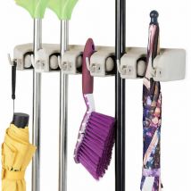 Jalleria - Porte Balais Mural avec 5 Emplacements et 6 Crochets/Support Balais Mural pour Salle de Bain, Cuisine ou Garage-Blanc