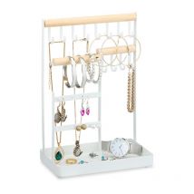 Relaxdays - Porte-bijoux, rangement pour colliers et boucles, présentoir à bijoux en bois et métal, blanc/naturel