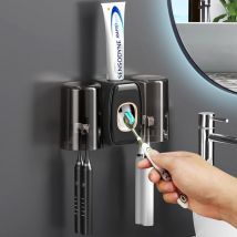 Porte-brosse à dents 2 tasses (noir), distributeur de dentifrice mural avec porte-brosse à dents, presse-dentifrice automatique