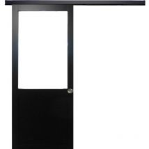Gd Menuiseries - Porte Coulissante Atelier Noir H204 x L93 Sans Meneau + Rail Alu Bandeau Noir Et 2 Coquilles
