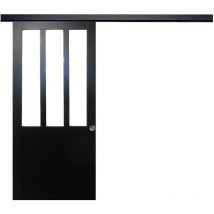 Gd Menuiseries - Porte Coulissante Atelier Noir H204 x L83 + Rail Alu Bandeau Noir Et 2 Coquilles
