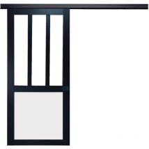 Gd Menuiseries - Porte Coulissante Atelier noir et panneau blanc Vitree H204 x L73 + Rail Alu Bandeau Noir et 2 Coquilles Noir