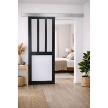 Gd Menuiseries - Porte Coulissante Atelier noir et panneau blanc Vitree H204 x L73 + Rail Alu et 2 Coquilles Noir