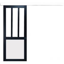 Gd Menuiseries - Porte Coulissante Atelier noir et panneau blanc Vitree H204 x L83 + Rail Alu Bandeau blanc et 2 Coquilles Noir
