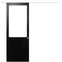Porte Coulissante Atelier Noir H204 X L73 Sans Meneau + Rail Alu Bandeau Blanc Et 2 Coquilles