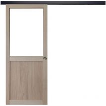 Gd Menuiseries - Porte Coulissante Atelier placage chene Vitree H204 x L73 + Rail Alu bandeau noir et 2 Coquilles