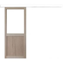 Gd Menuiseries - Porte Coulissante Atelier placage chene Vitree H204 x L83 + Rail Aluminium bandeau blanc