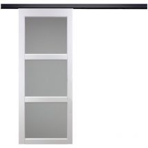 Gd Menuiseries - Porte Coulissante Kenya Blanc Vitrée H204 x L93 + Rail Alu Bandeau Noir